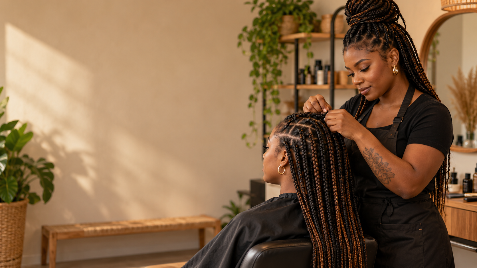 Trancista fazendo box braids em uma cliente em salão com luz natural